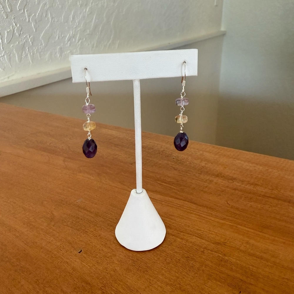 Sterling silver and fluorite, citrine, amethyst earrings